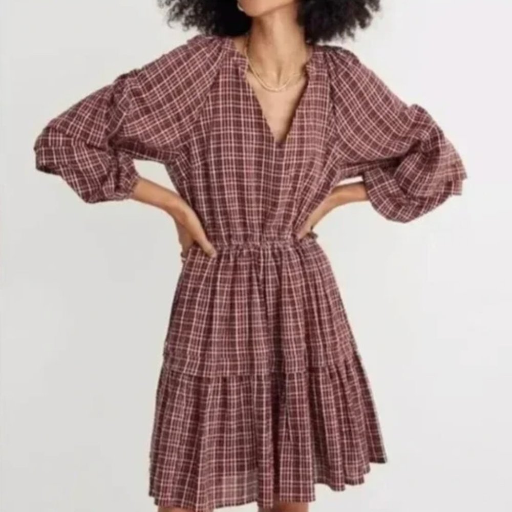 Madewell Seersucker Wrap Mini Dress Dark Red Tartan Merlot NH100